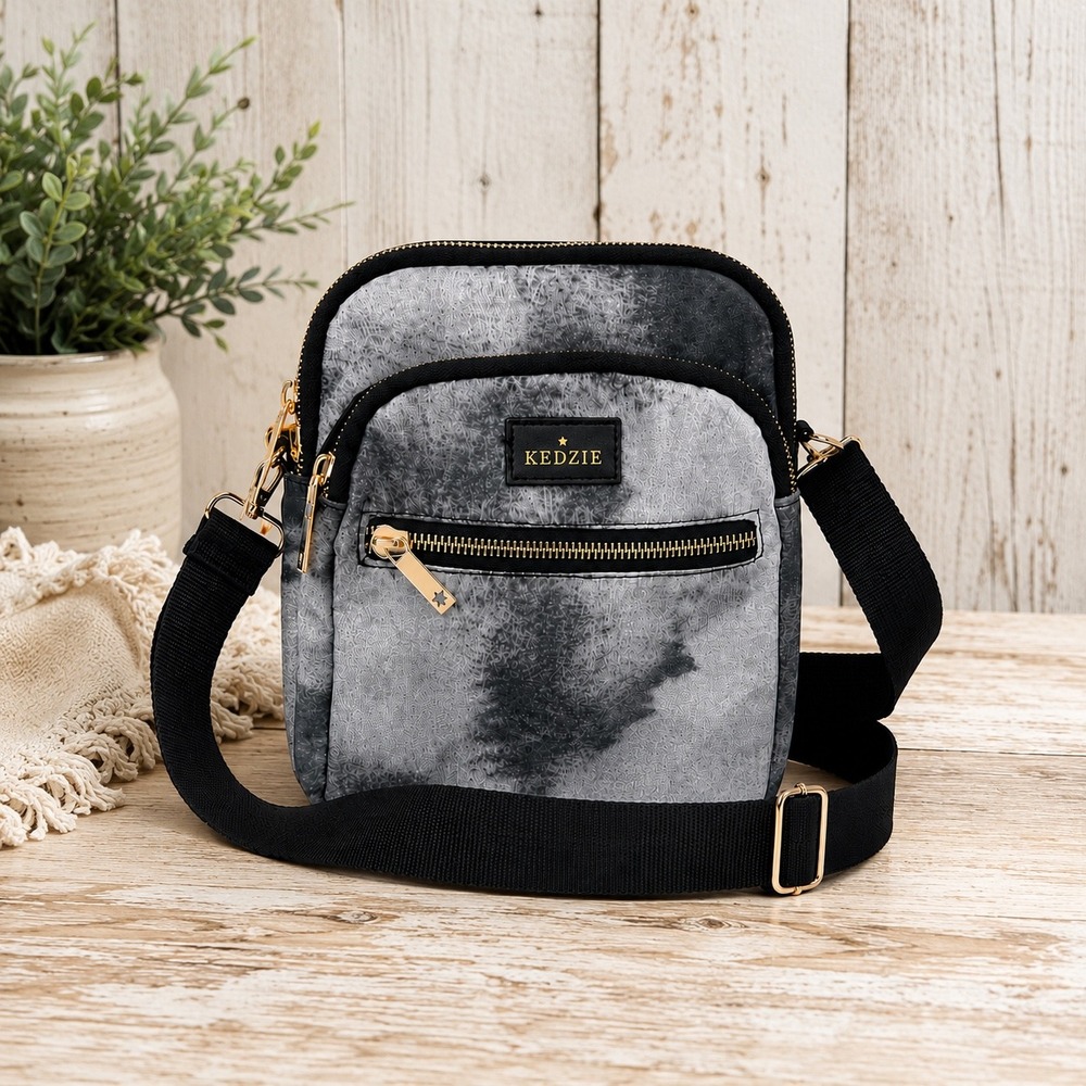 Kedzie Crossbody Bag Travel Purse Gray Tie Dye Outer Cellphone Pocket